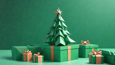 The primary subject of the image is a green paper Christmas tree. The setting is a green background, and the visual style is a digital art or illustration. The colors and mood of the image are predominantly green, with a festive and holiday atmosphere.